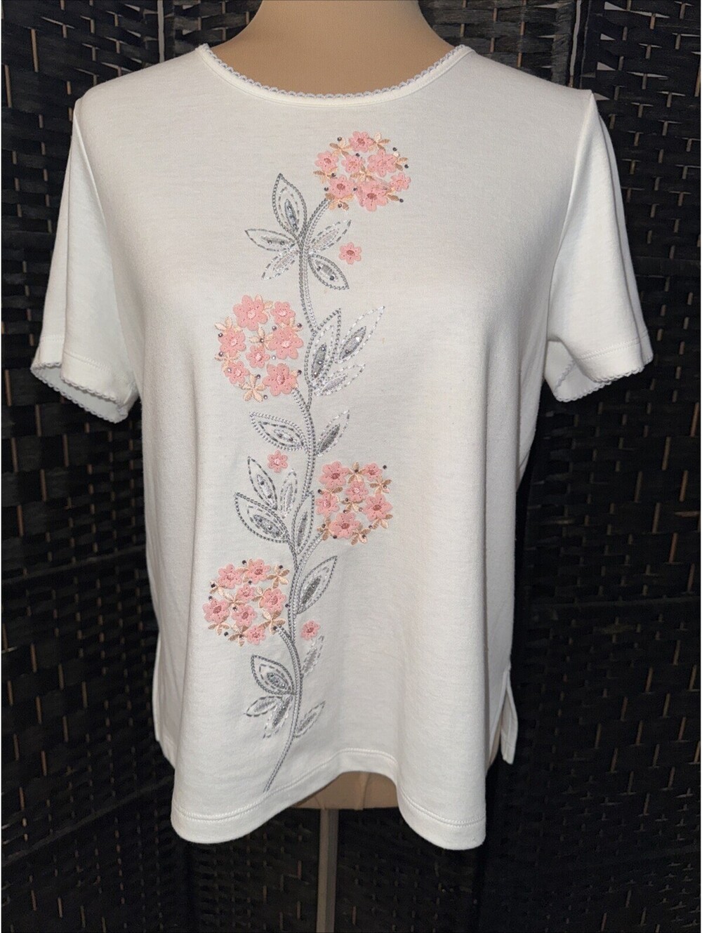 Alfred Dunner PM Ivory Pink Primrose Garden Floral Short Sleeve Sweater